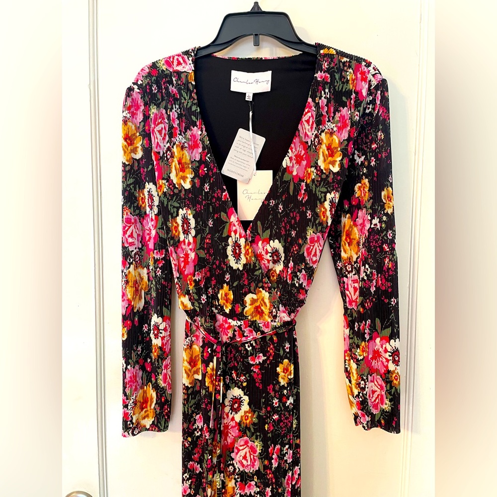 NWT Fuchsia Flower Maxi Long-sleeve Dress